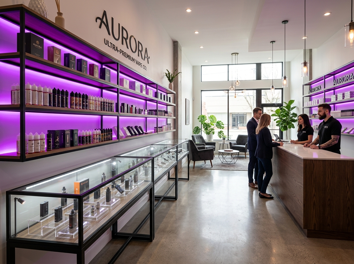 Interior view of Smoke Box clean modern retail store layout
